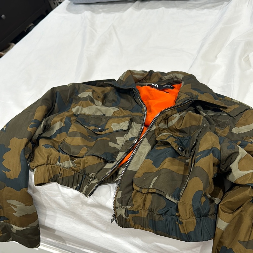 Zara Camouflage Bomber Jacket with Orange Lining